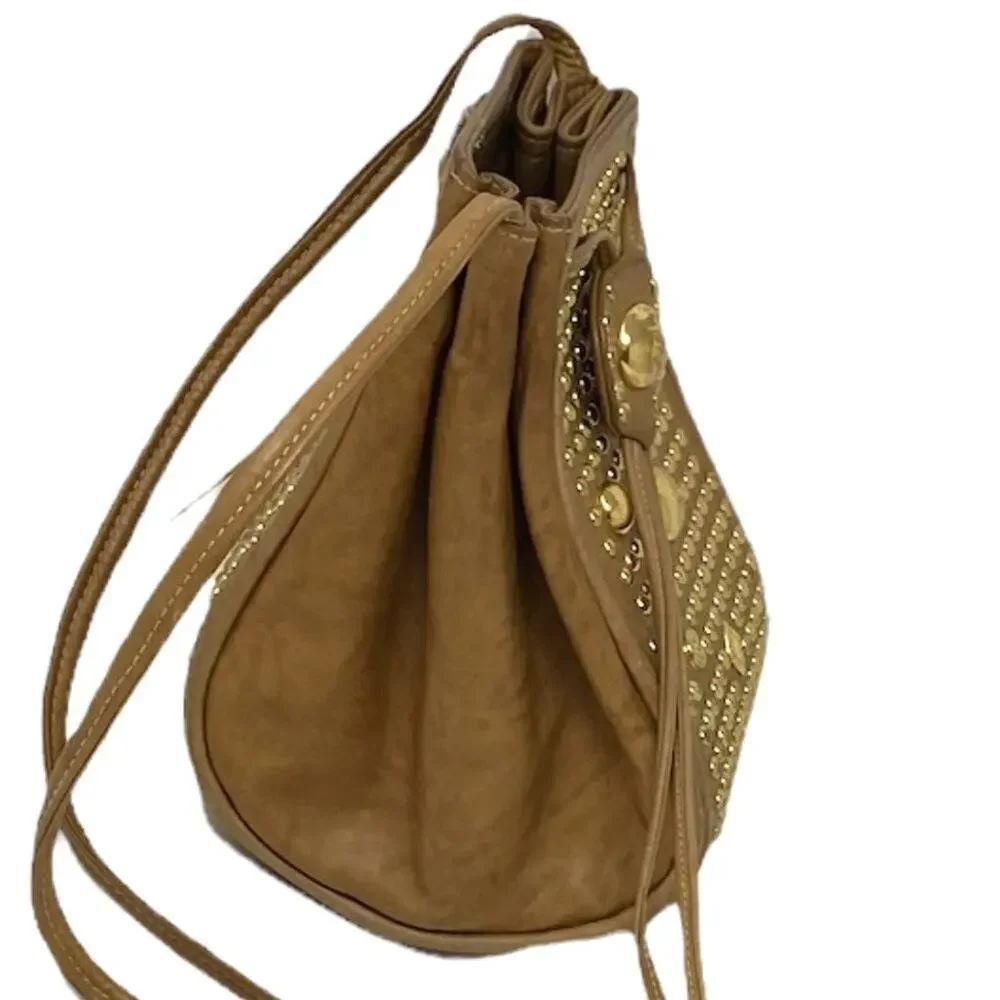 Ladies Tan Studded St Maartan Dallas Crossbody Bucket Drawstring Shoulder Bag